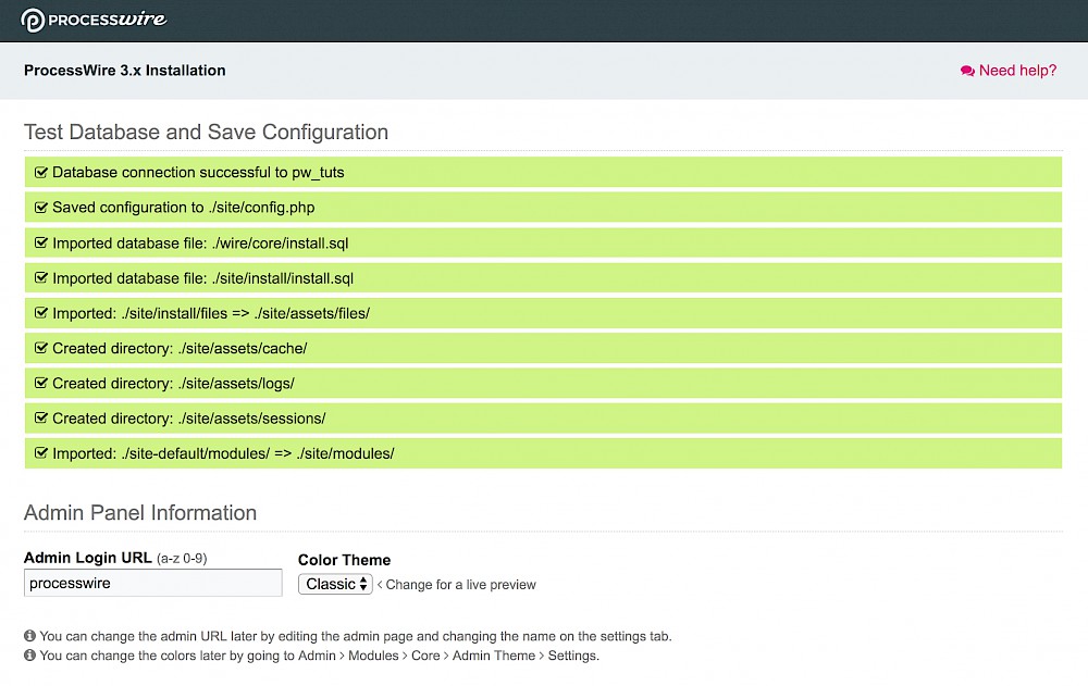 Database test and admin information