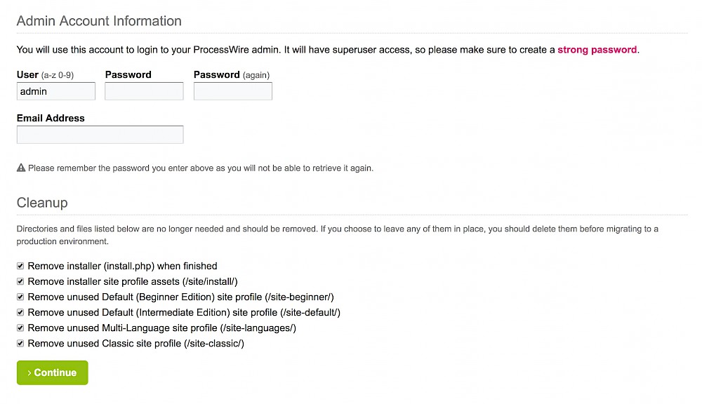 Create admin account and file cleanup