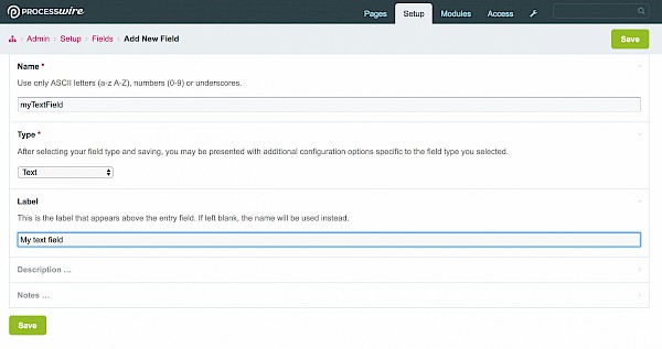 Processwire fields and how to create them